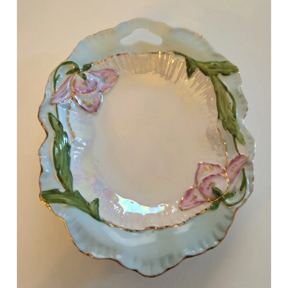 Vintage Floral Porcelain Relish Celery Dish Pink Lily Flowers Gold Gilt Accent